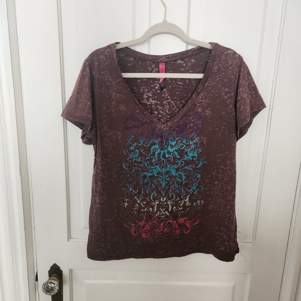 Women's 1X Tee by Pure Energy, brown/multi with burnout pattern